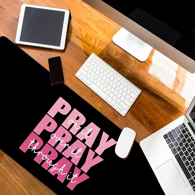 Christian Mouse Pad Black and Pink Desk Mat, Pray Over it Religious Large Computer Mouse Pad for Desk, Jesus Long Aesthetic Desktop Mats for Desk Office, Christian Church Gifts 31.5x11.8