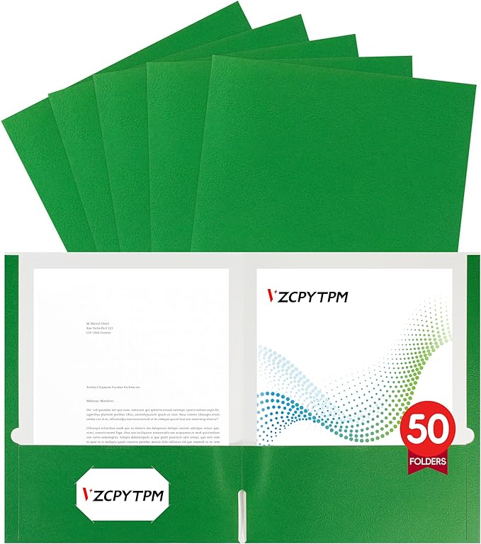 50 Packs Green Two Pocket Folders,File Folder Letter Size,8.5x11Inches File Folders for Office,School and Home,Organizer File Folder
