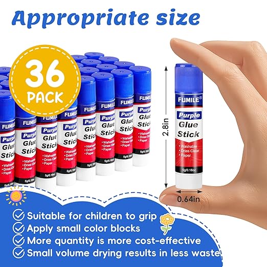 36 Pack Glue Sticks Bulk for Kids, Disappearing Purple Glue Sticks for Classroom and Teacher Supplies.0.18 OZ kids glue Dries Clear, Non-Toxic, Washable, Back to School Supplies and Student Must Haves