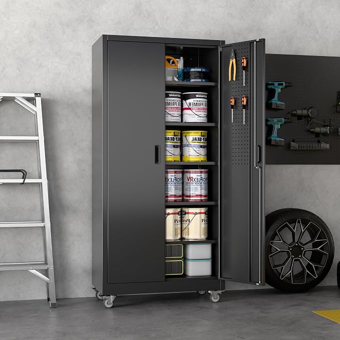 71" Metal Storage Cabinet, 34" W x 18" D, Wheels and Pegboard | Required assembly; 34"W x 18"D steel cabinet with 5 adjustable shelves, 4 casters, door pegboard, hooks, and 3-point lock.