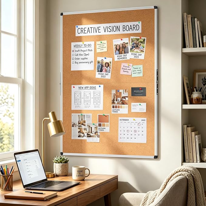 Cork Board 48 X 36, Foldable Bulletin Board with Silver Aluminium Frame,Large Cork Boards for Walls, Cork Bulletin Board for School, Home & Office
