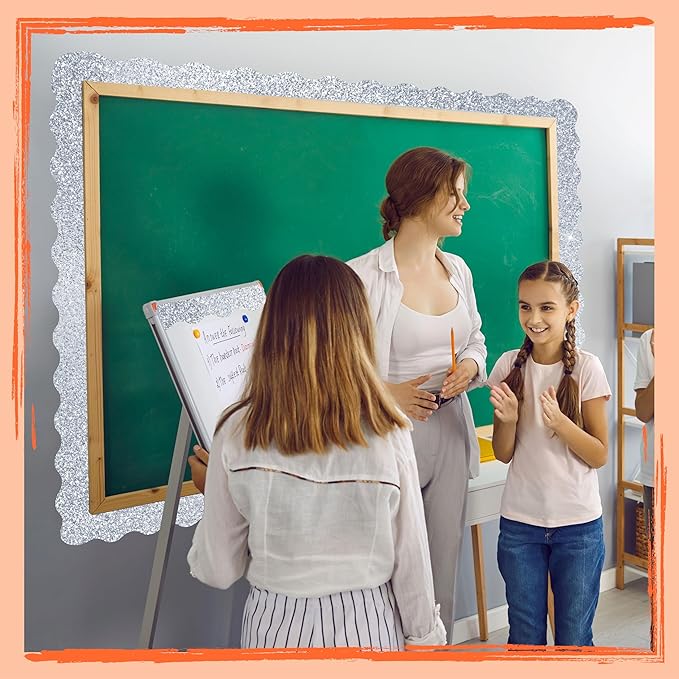60 Feet Bulletin Board Borders, 45 Sheets Silvery Glittering Scalloped Border Trim, Walls, Desks, Windows, Doors, Chalkboards, Whiteboards Decors for School, Classroom, Home & Offices