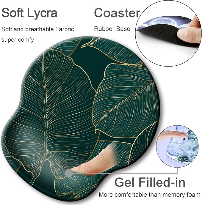 Ergonomic Mouse Pad with Wrist Support Rest,Large Mousepad Gel Wrist Rest, with Coaster Non-Slip & Pain Relief for Computer, Desk, Home&Office-Leaves 2