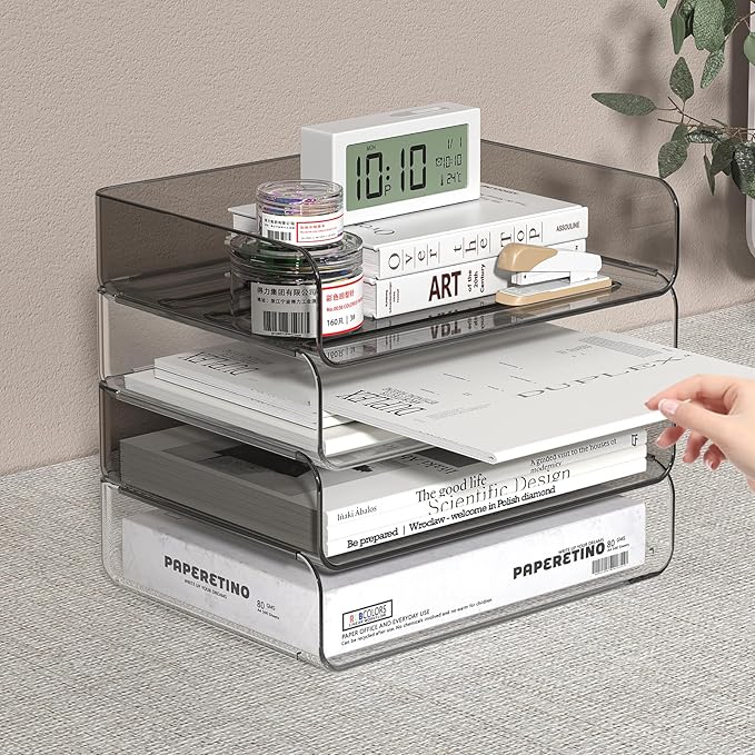 4-Tier Horizontal Acrylic Paper Tray Organizer | Clear Stackable Desk Organizer for Documents, Letters, A4 Paper | Modern Office/Classroom/Home Organization,Clear&Brown