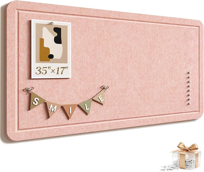 Large Bulletin Board, 35 X 17 Inches Felt Cork Board with 40 Pushpins, Foldable Felt Notice Pin Board Photo Display Board with Self-Adhesive Tape for Office Home School (Pink, 35x17 inch)