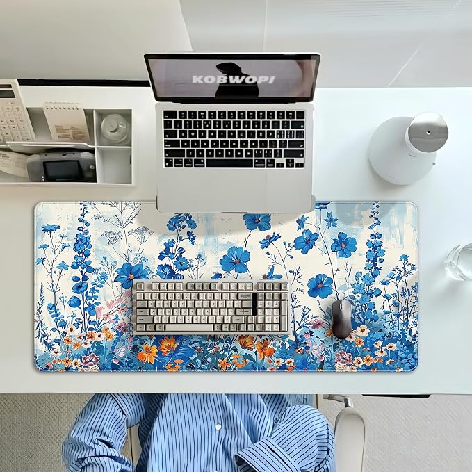 35.4 x 15.7 in, XXL Large Mouse Pad for Desk, Extended Keyboard Mouse Mat for Computer Office, Big Mouse pad with Stitched Edges, Gaming Pc-Blue Flower and Weeds