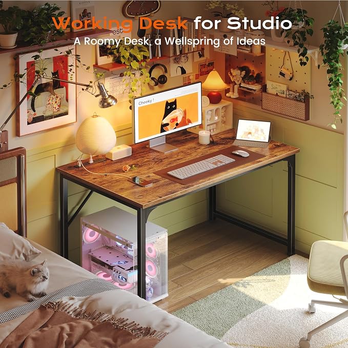 40 X 24 Inch Deeper Desk with Power Outlets | Small Computer Desk for Bedroom, Office Desk for Work from Home, Writing Study Gaming Table, Stable Metal Frame, Rustic Brown