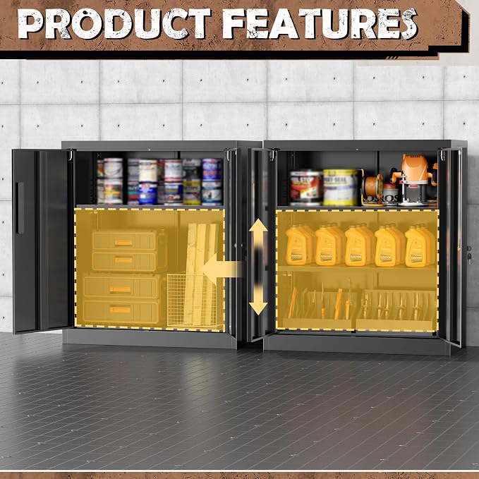 Steel Storage Cabinet with Lock, Lockable Metal Storage Cabinets with 2 Adjustable Shelves, Black Counter Height Garage Cabinet