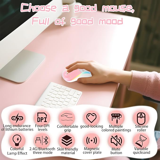 elec Space Cute Wireless Bluetooth Mouse - Rechargeable Silent Mouse with Magnetic Sand Cover, 3 Mode Connectivity, RGB Lighting, Ergonomic Design for Home, Office & School Use (Pink)