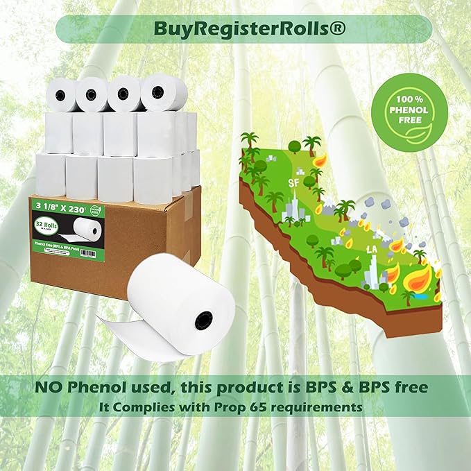 Phenol Free Thermal Paper (32 Rolls) 3 1/8 x 230 Receipt Rolls fits all Clover POS Cash Register Printers, Star Micronics SCP700 TSP100 TSP300 TSP400 (BPA & BPS Free) from BuyRegisterRolls