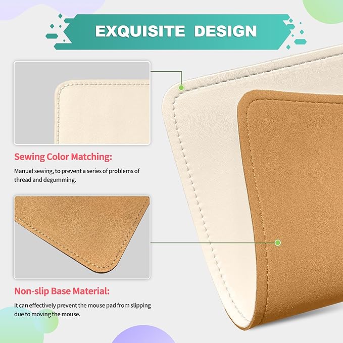 Leather Mouse Pad with Stitched Edge Micro-Fiber Base with Non-Slip Waterproof，Mouse Pad for Computers，Laptop, 8x11Inch (Milky White)