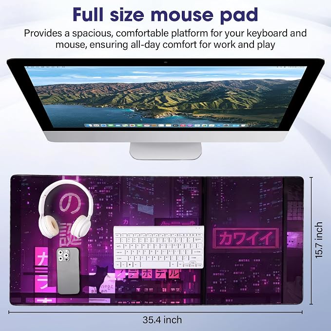 Large Extended Mouse Pad with Stitched Edges 35.4"x15.7" - Waterproof Desk Mat, Non-Slip Rubber Base for All-Desk Coverage, Perfect for Gaming Office Home, Cybercat