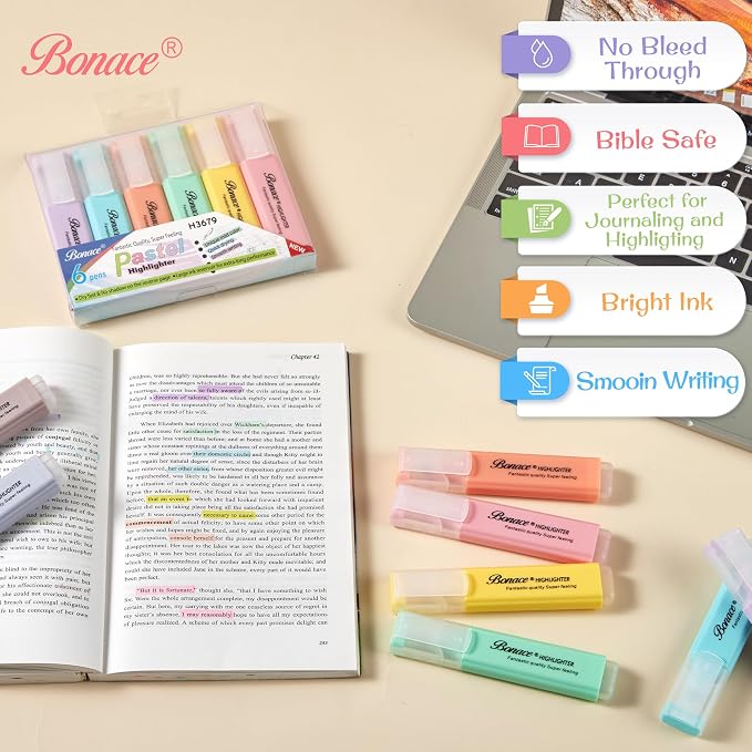 8 Pastel Highlighters, No Bleed & Quick Dry Chisel Tip Markers | 8 Soft Colors with Pocket Clip for Bible, School, Office & Journals