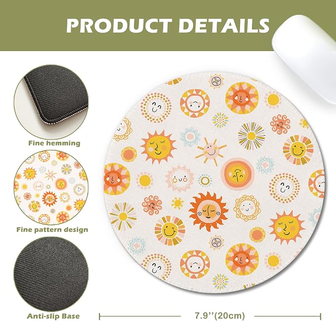 Boho Smiley Sun Sunshine Round Mouse Pad 7.9x7.9in | Boho Office Decor,Yellow Cute Sun Mousepad Mouse Mat for Computer Laptop Home Office Dorm Desk Accessories