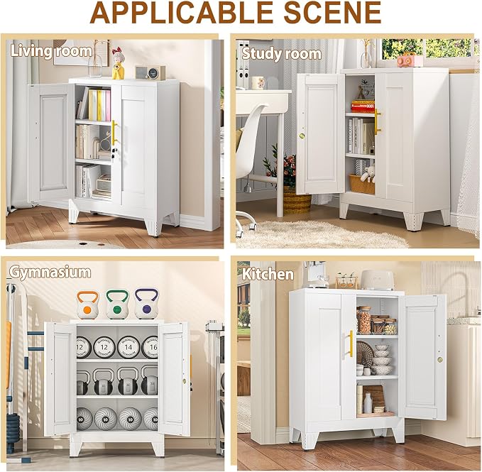 36" Metal File Garage Storage Cabinet with Lock,Lockable Office File Cabinet with 2 Doors and 2 Adjustable Shelves,Outdoor Steel Locker Organizer for Home Office,Gym,School,Warehouse(White)
