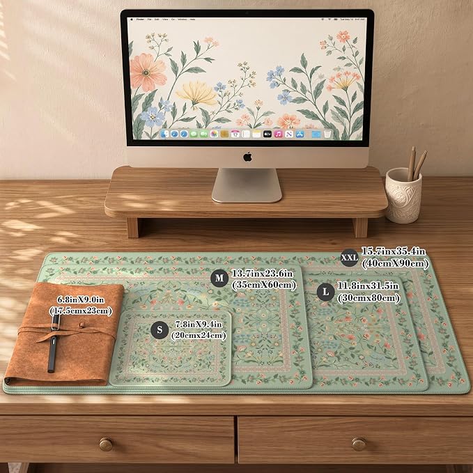 iCasso Aesthetic Flower Mouse Pad,23.6x13.7in Desk Pad, Light Green | Desk Matt for Desktop, Anti-Slip Mousepad with Stitched Edges for Laptop Computer Keyboard