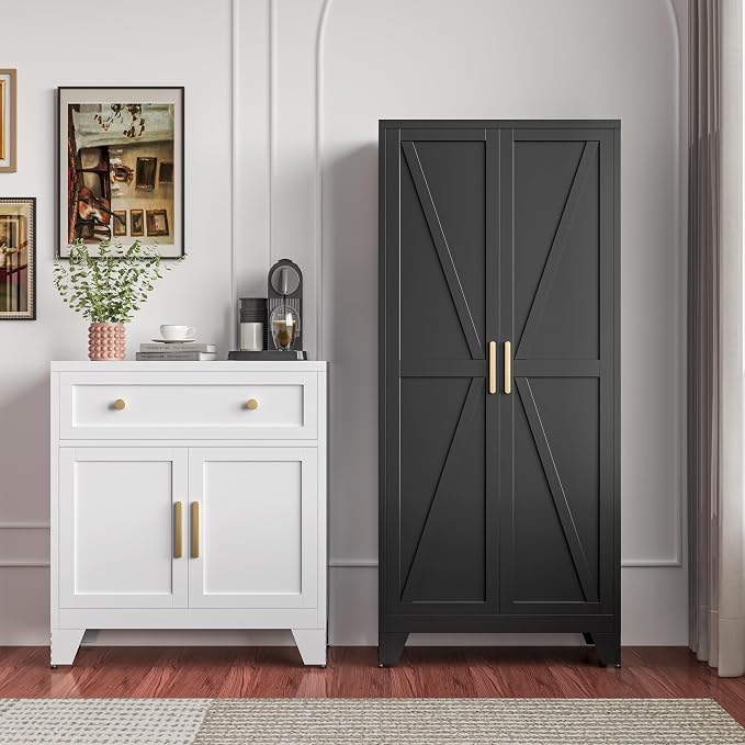 QINPTWUT 61" Metal Storage Cabinet, 4-Tier Kitchen Pantry with 3 Adjustable Shelves, Farmhouse Design Freestanding Cupboard for Kitchen, Bathroom, Laundry, Garage, Black