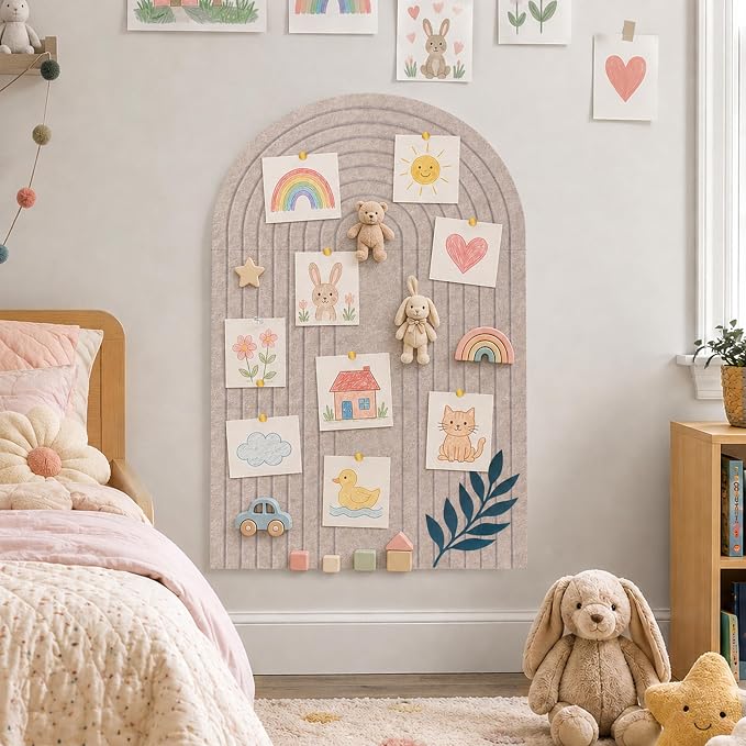 Large Arched Felt Bulletin Board, Stylish Sized 36" x 24" Cork Board Alternative with Grooved Pin Board for Office & Wall, 3 Foldable Customizable Adhesive Tiles with Pins for Photo Display, Camel