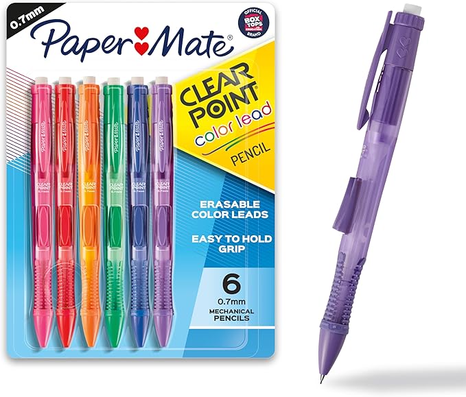 Paper Mate Clearpoint Mechanical Pencils, 0.7mm Color Lead, Erasable, Refillable, 6 Count - Vibrant Colors, Comfortable Grip, Fun Office Supplies