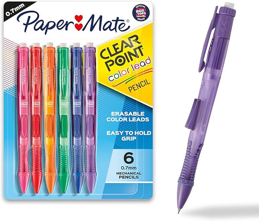 Paper Mate Clearpoint Mechanical Pencils, 0.7mm Color Lead, Erasable, Refillable, 6 Count - Vibrant Colors, Comfortable Grip, Fun Office Supplies