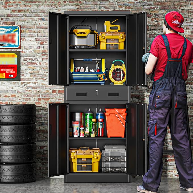 BESFUR Metal Storage Cabinet with 1 Drawer and Adjustable Shelves, 71" H Reinforced Heavy Duty Locking Storage Cabinet for Office, Garage, Home, School, Utility(Black)