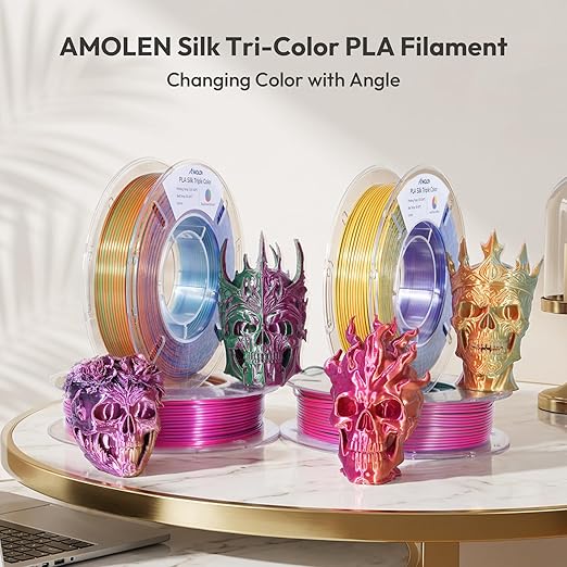 AMOLEN 3D Printer Filament Bundle, Triple Colors Coextrusion Silk PLA Filament 1.75mm +/-0.02mm,Shiny Color Change 3D Printer Filament for Most FDM 3D Printer 200g X 4 Pack