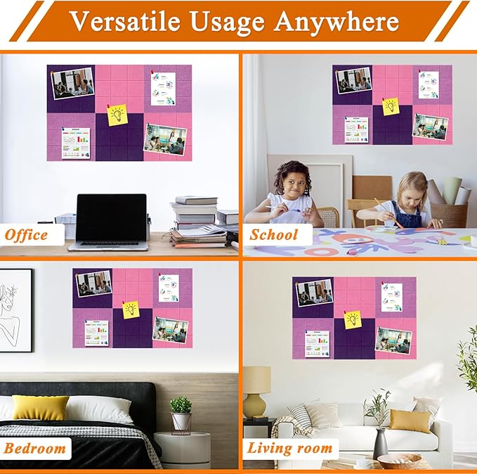 Large Square Felt Cork Board Tiles, Self Adhesive DIY Felt Bulletin Board with 35 Pushpins for Office School Home Wall Decor Stickers Memos Photos Display (Purple & Pink)