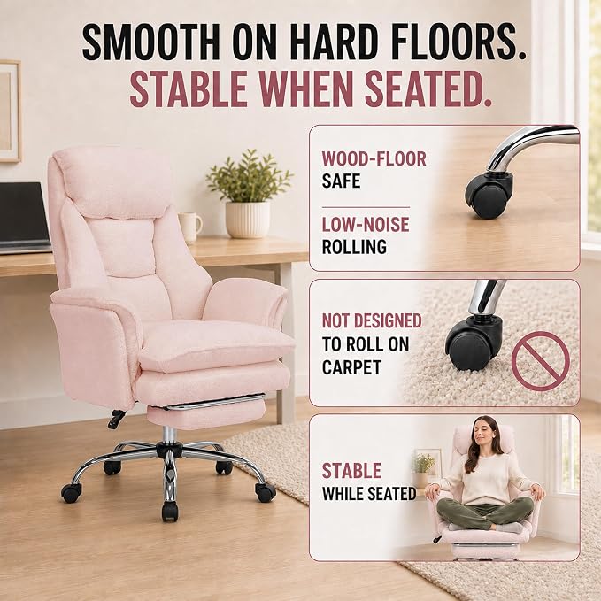 Criss Cross Office Chair with Wheels,Flip-Up Arms and Footrest, Pink | Cross Legged Office Chair, 30" Wide Seat, 7.87" Teddy Fleece Cushion, 155° Recline, 400 lb, Home Office or Vanity
