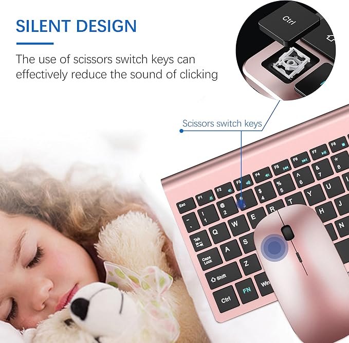 Wireless Keyboard and Mouse Ultra Slim Combo, TopMate - Rose Gold Black | 2.4G Silent Compact 2400DPI Mouse and Scissor Switch Keyboard Set with Cover, Batteries Included, for PC/Laptop/Windows/Mac