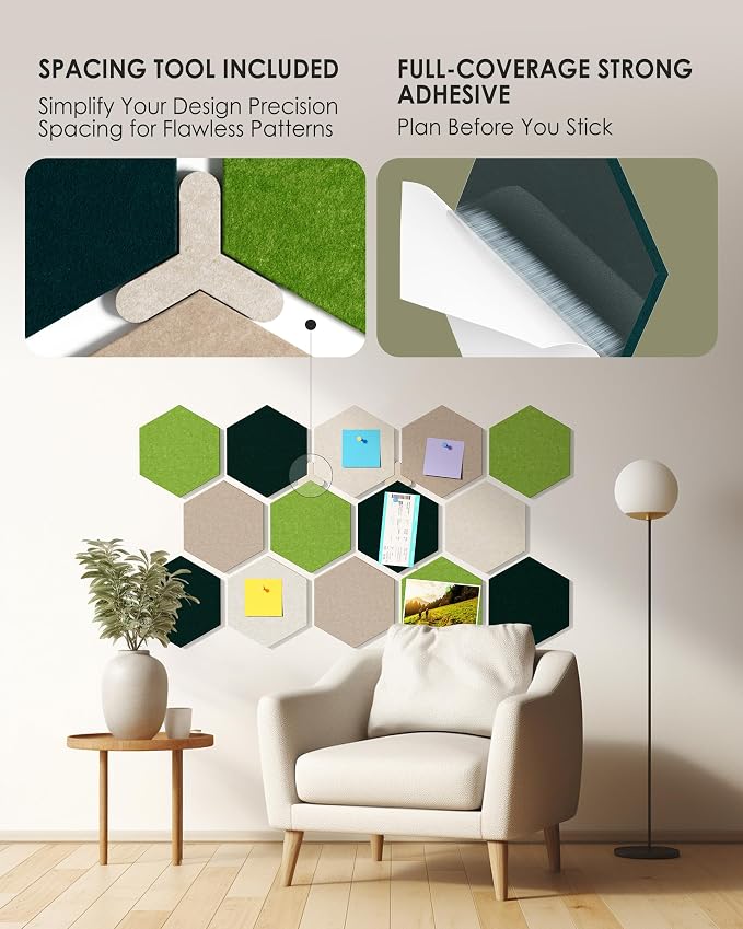 MaxGear Hexagon Bulletin Board, Small Cork Board Office Decor Gradual Green | Cork Boards For Walls Alternative, 8Pcs Felt Wall Panels, Vision Board Pictrure Room Wall Decor With Push Pins