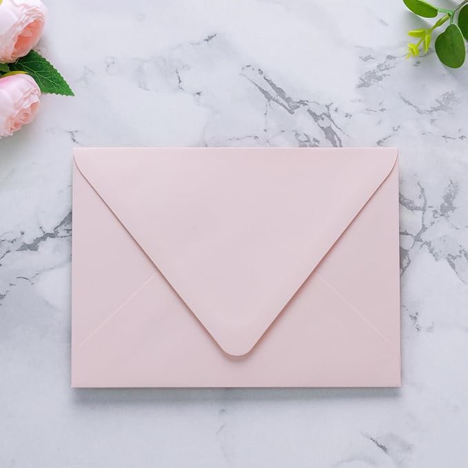 PONATIA 50 PCS/Pack A7 Envelopes, Euro Flap 5x7 Envelopes for Wedding Invitations, Greeting Cards, Acrylic Invitations, Photos, Postcards, Christmas Mailing 5.25 x 7.25 inches (Blush Pink)