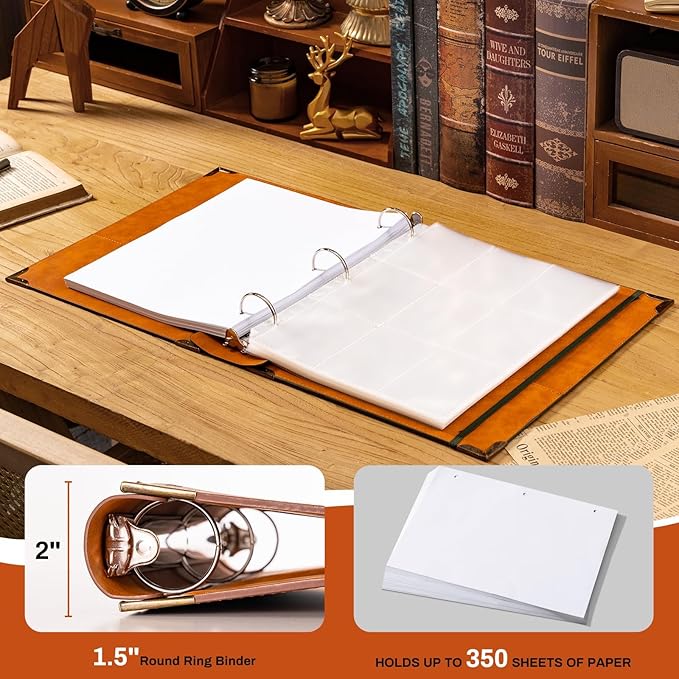 PU Leather 3 Ring Binder Fits 8.5"x11" Letter Size Paper, 1.5 Inch Round Ring Binder Holds 350 Sheets, Notepad Paper Cover Loose Leaf Organizer, Brown Tree