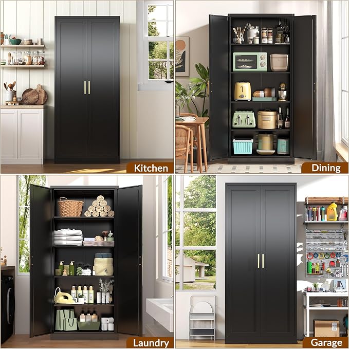 BESFUR 71" Tall Black Kitchen Pantry Cabinet, Metal Food Storage Cabinet with 4 Adjustable Shelves, Freestanding Cupboard with Doors for Kitchen, Dining Room, Living Room, Bathroom, Laundry Room