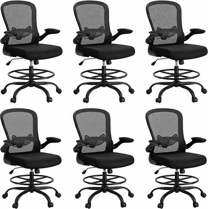 ErGear Drafting Chair, Standing Desk Chair with Flip-Up Armrests, High Desk Chair Adjustable Height, Ergonomic Tall Office Chair with Lumbar Support and Adjustable Footrest Ring,6 Pack