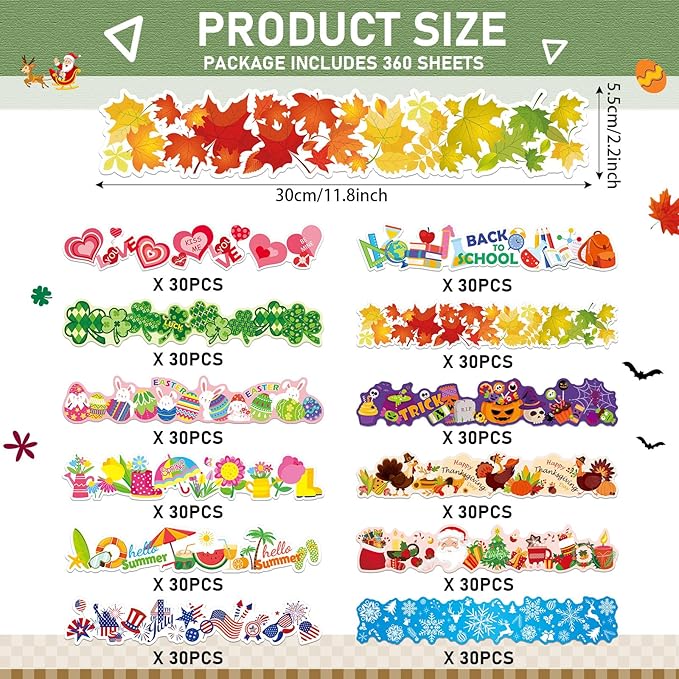 Geyee 360 Pcs Easter Bulletin Board Borders St. Patrick's Holiday Decorations Summer Spring Classroom Borders Bulletin Board Trim for Classroom School, 12 Design(Lovely)