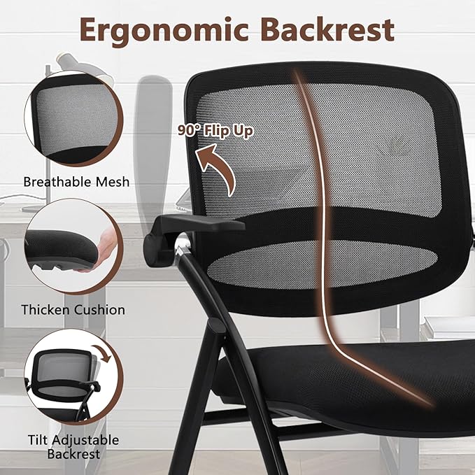CLATINA Stackable & Foldable Conference Chair with Wheels, Ergonomic Mesh Back, 300lbs Capacity, Breathable Padded Seat, Adjustable Armrests, Office Chair for Reception, Training, Home, Black, 2PK