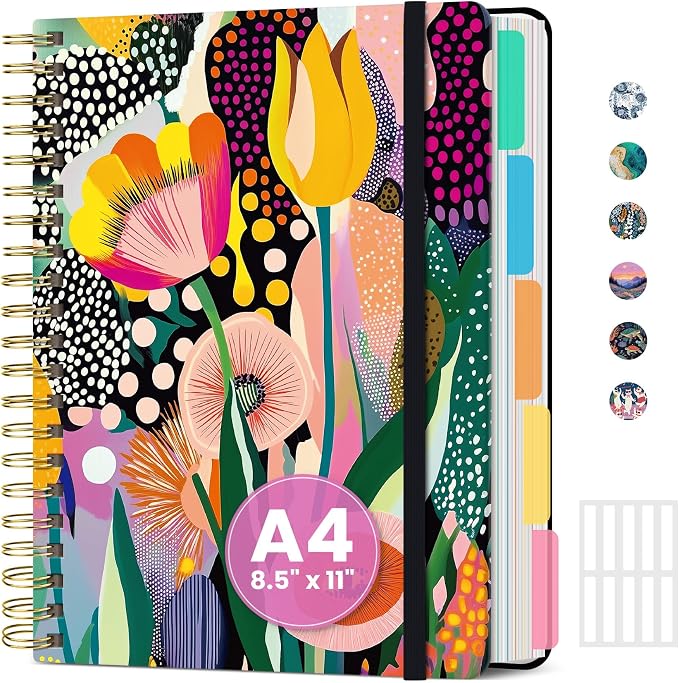ZOTIA Large Spiral Notebook for Work, 8.5" x 11" Journal for Women, Cute 5 Subject Notebook with Removable Dividers & Tabs, College Ruled Lined Journal for Office and School, 280 Pages, Color Petals