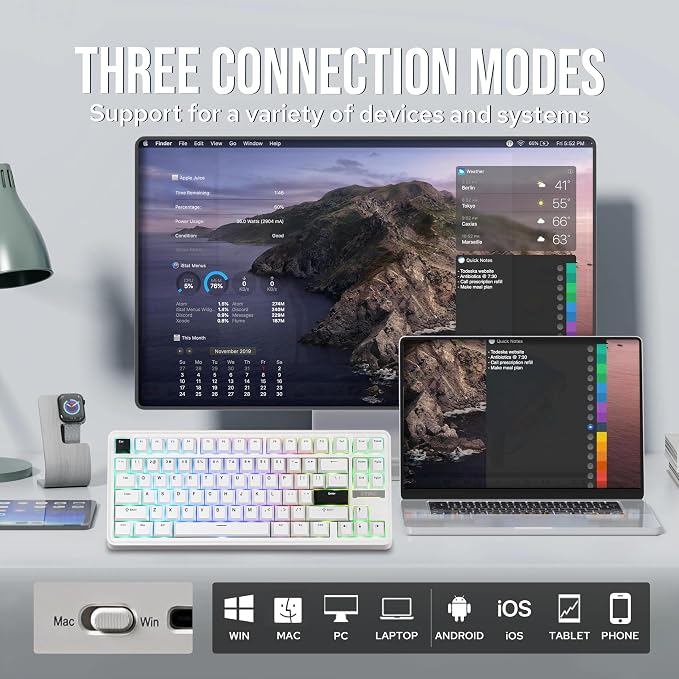 EPOMAKER TH85 QMK/VIA Wireless Gaming Keyboard, BT5.0/2.4GHz/USB-C | Hot-Swap Pre-lubed Custom Milk Blue Tactile Switches, Gasket Creamy Keyboard for PC/Mac/Office/Gaming (White)