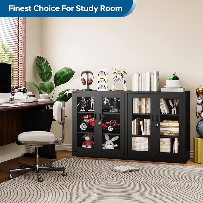 PEUKC Storage Cabinet with 2 Adjustable Shelves, 35.4 Inches Metal Curio Display Cabinet with 2 Acrylic Doors, Locking Glass Display Case for Home, Office, Pantry, Assemble Required (Black)