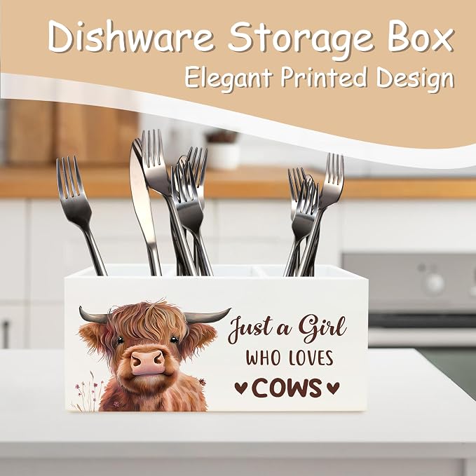 Highland Cow Pen Pencil Holder Organizer for Desk, Highland Cow Gifts for Women Girls, Just a Girl Who Loves Cows Farmhouse Wooden Box Block Sign for Home Classroom Dorm Office Tabletop Decor