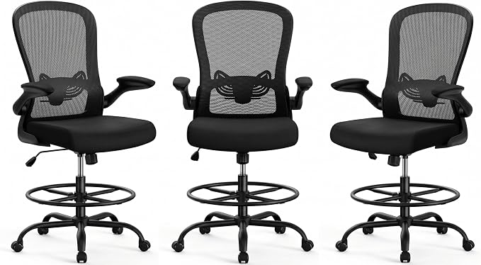 ErGear Drafting Chair, Standing Desk Chair with Flip-Up Armrests, High Desk Chair Adjustable Height, Ergonomic Tall Office Chair with Lumbar Support and Adjustable Footrest Ring,3 Pack