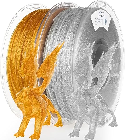 AMOLEN 2kg PLA Pack Glitter Gold & Glitter Silver 3D Printer Filament 1.75mm Shiny Gold Shiny Silver with Sparkles and Glitters Pla 2KG Pack Dimensional Accuracy