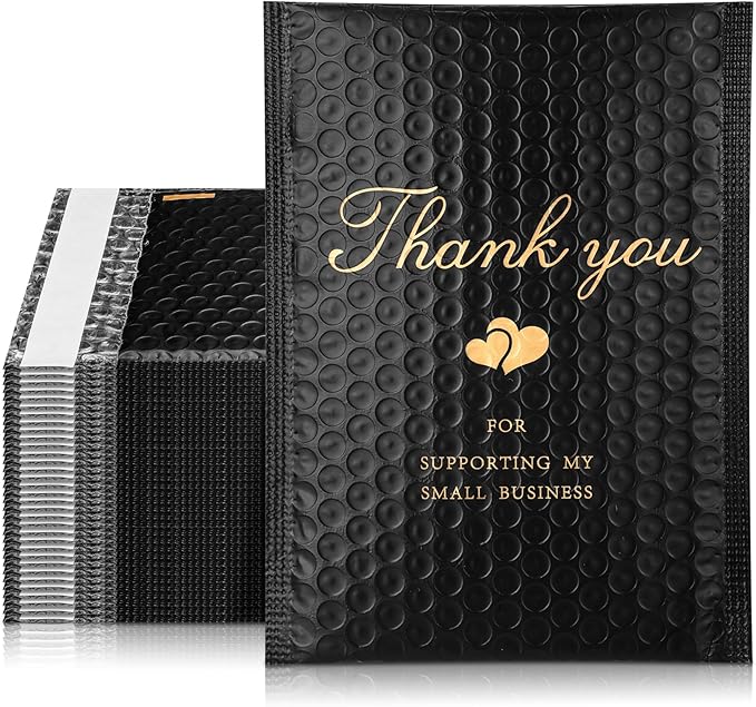 Kosiz 100 Pcs Bubble Mailers Thank You Padded Shipping Envelopes Poly Waterproof Mailing Envelopes Self Adhesive Bags for Small Business Clothing Boutique Jewelry Package(Black,6"x8")