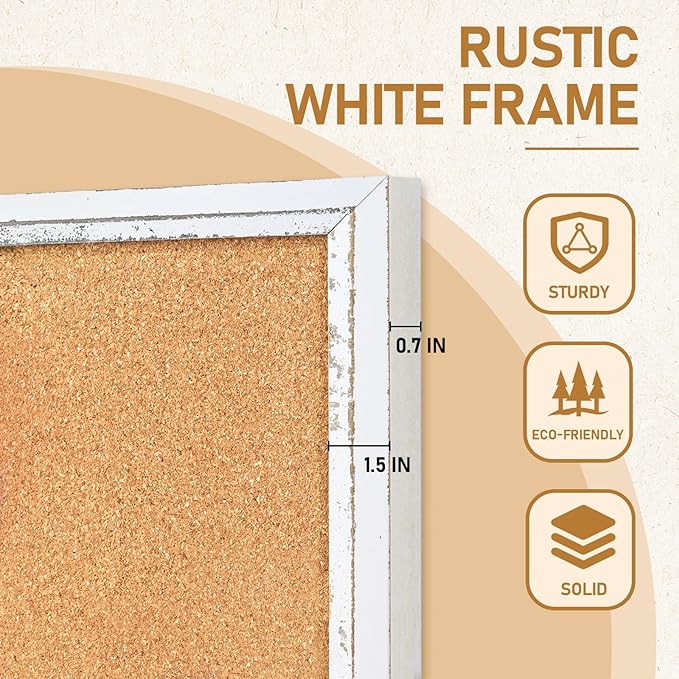 DOLLAR BOSS White Cork Board for Wall - 36 X 24 Inches, Rustic Wooden Frame Bulletin Board, Decorative Hanging Pin Board for Office & Home Decor