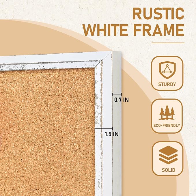 DOLLAR BOSS White Cork Board, 36" X 24" Rustic Framed Bulletin Board | Decorative Pin Board, Wall Hanging, For Office & Home Decor Memo Display, With Pins