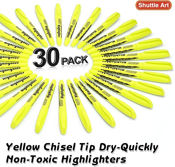 Shuttle Art Yellow Highlighters, 30 Pack Highlighters Bright Colors, Chisel Tip Dry-Quickly Non-Toxic Highlighter markers for Adults Students Highlighting in Home School Office