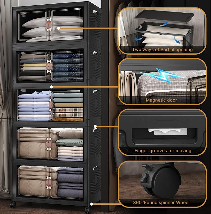 600QT Stackable Storage Bins with Lids, Doors & Wheels | Closet Organizers and Storage Cabinet, Lockable Plastic Foldable Drawers for Bedroom Dorm Office Garage（120QT*5,Black）