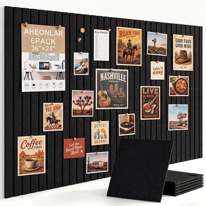 Felt Bulletin Board 36"x 24", Cork Boards for Walls, 6 Pack Bulletin Board Large Cork Board for Office, Felt Boards with 40 Safe Removable Adhesive Tabs Wall Decor for Home(Black)