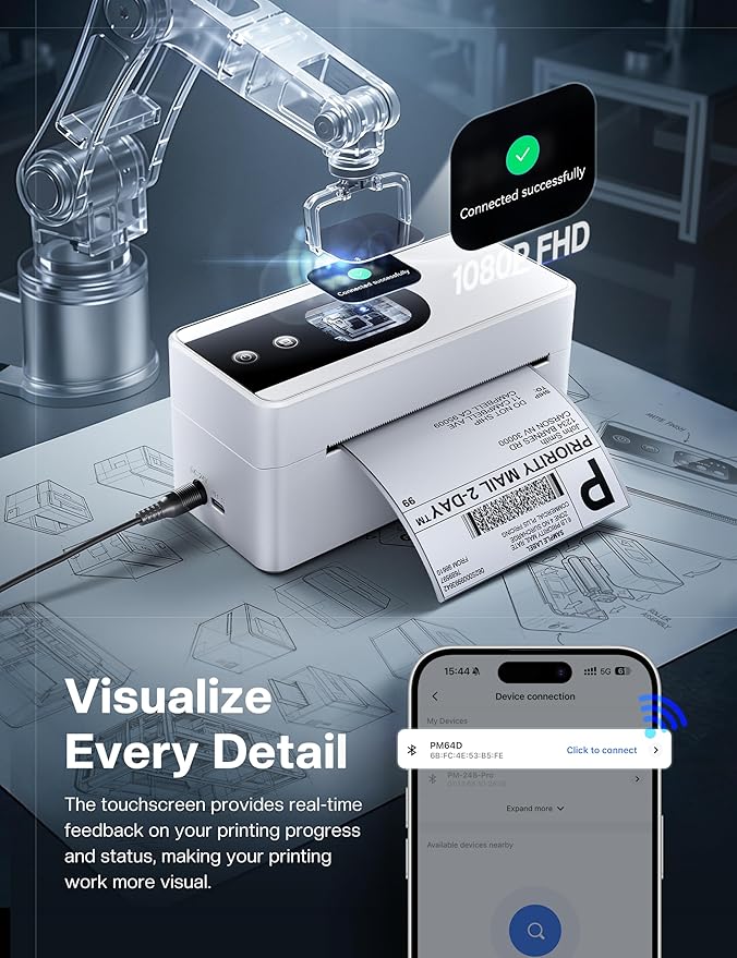 Phomemo 4x6 Shipping Label Printer with Touch Screen, Wireless Bluetooth Thermal Printer for Small Business & Packages, Compatible with Amazon Shopify UPS USPS, Support Android iOS Windows Mac
