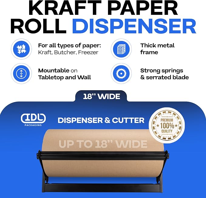 IDL Packaging 18" Kraft Paper Roll Dispenser & Cutter, Tabletop | for Rolls up to 18" Wide and 9" in Diameter – Reinforced Steel Paper Holder with a Cutter for Kraft, Butcher & Freezer Papers